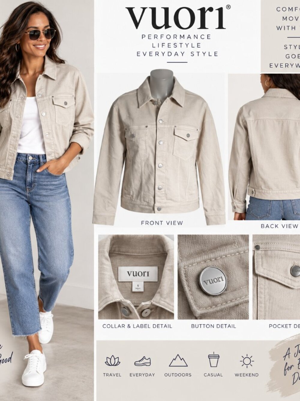 Vuori Beige Denim Trucker Jacket Button Front Coastal Athleisure Casual Layer SP